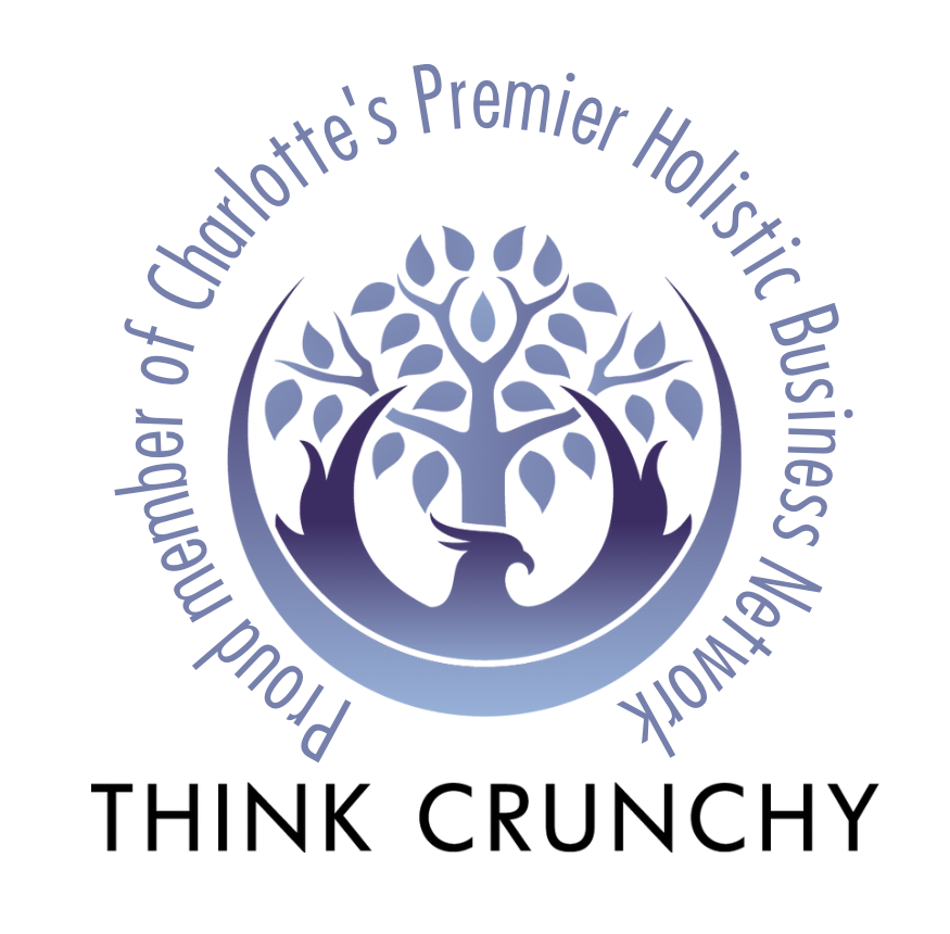 Logo with a stylized bird and tree, encircled by text reading Proud member of Charlotte's Premier Holistic Business Network, with Think Crunchy below.