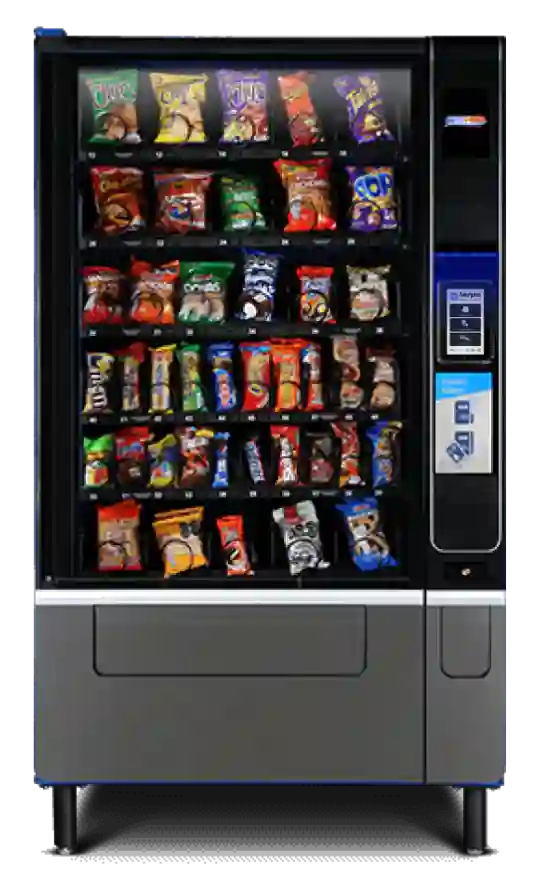 Máquina expendedora de snacks con pantalla y terminal de pago integrada