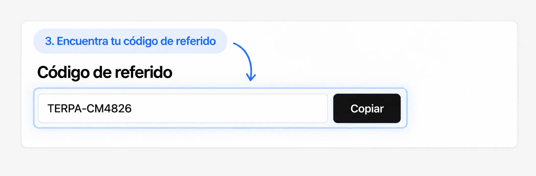 Campo Código de referido en el perfil de la plataforma TERPA