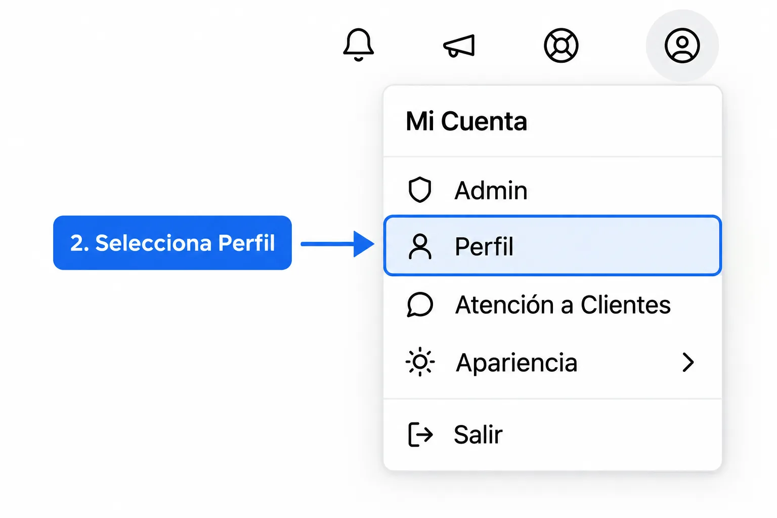 Menú Mi Cuenta con la opción Perfil seleccionada
