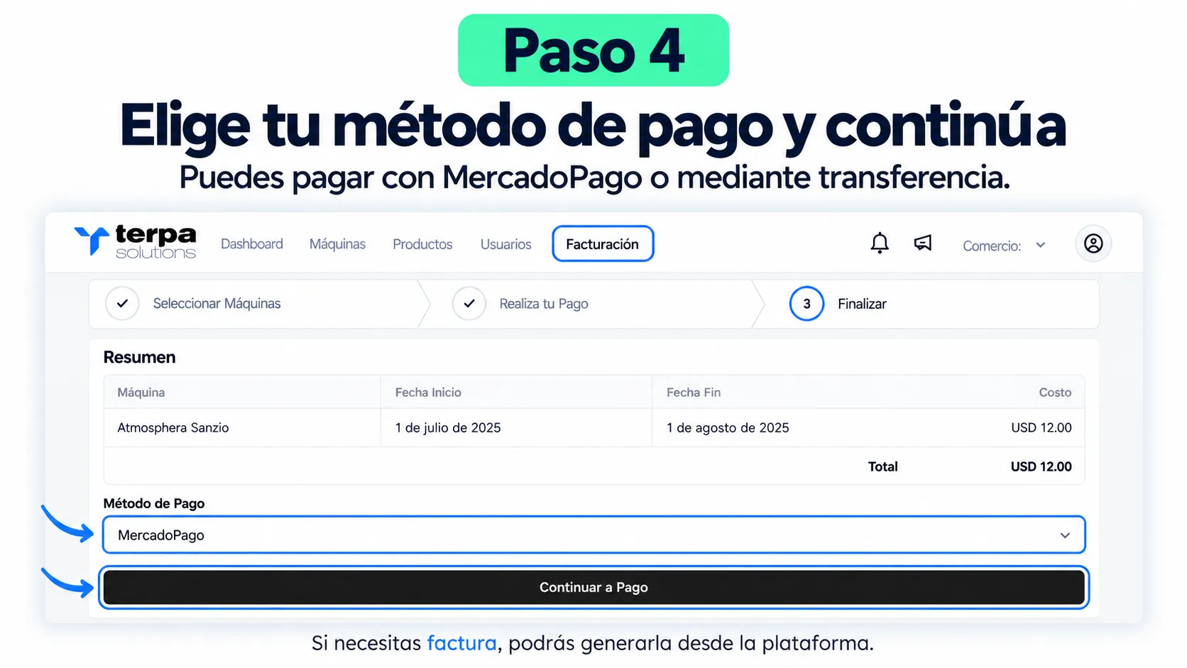 Resumen del pago y selección del método de pago