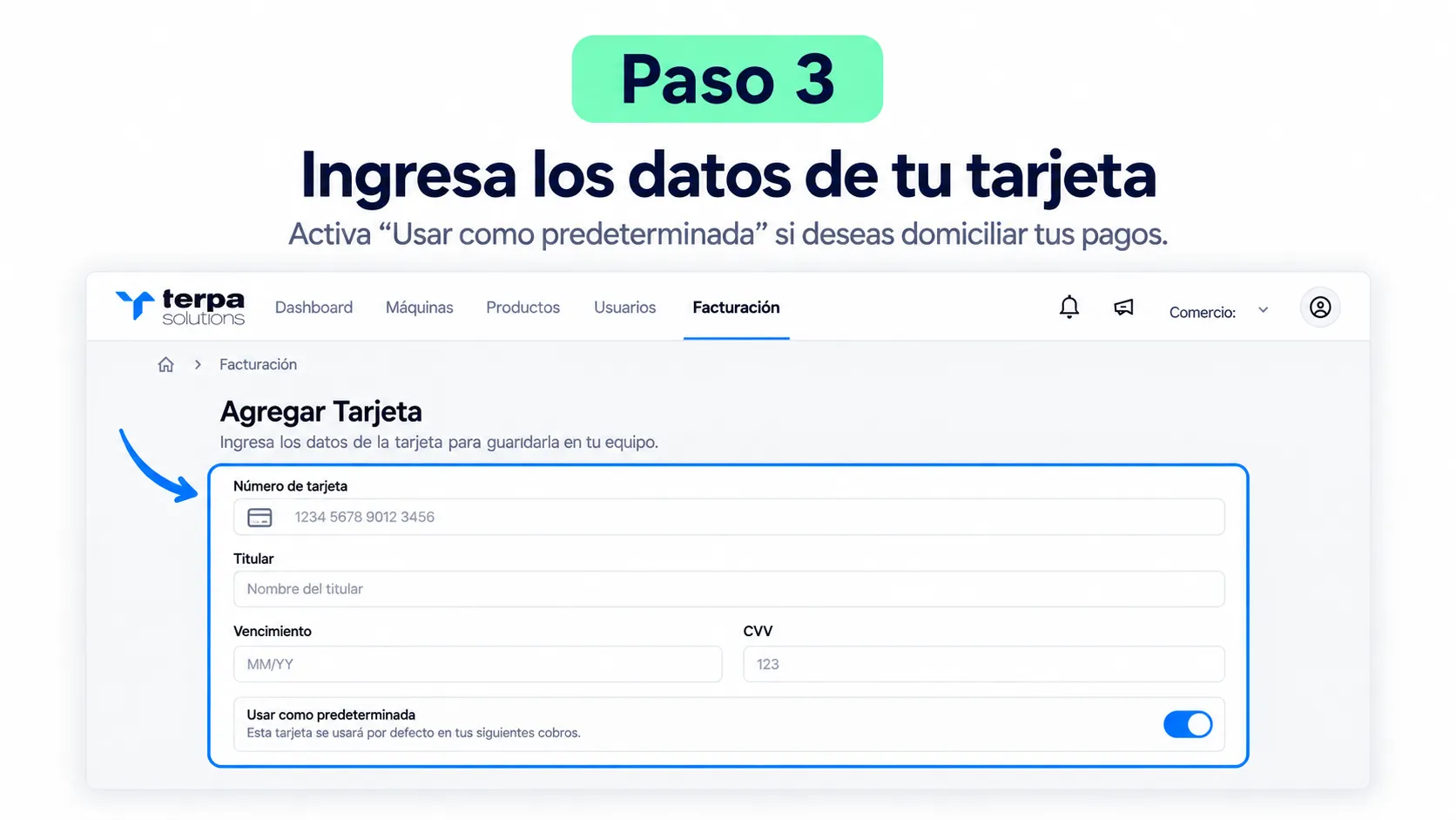 Formulario Agregar Tarjeta con la opción Usar como predeterminada activada