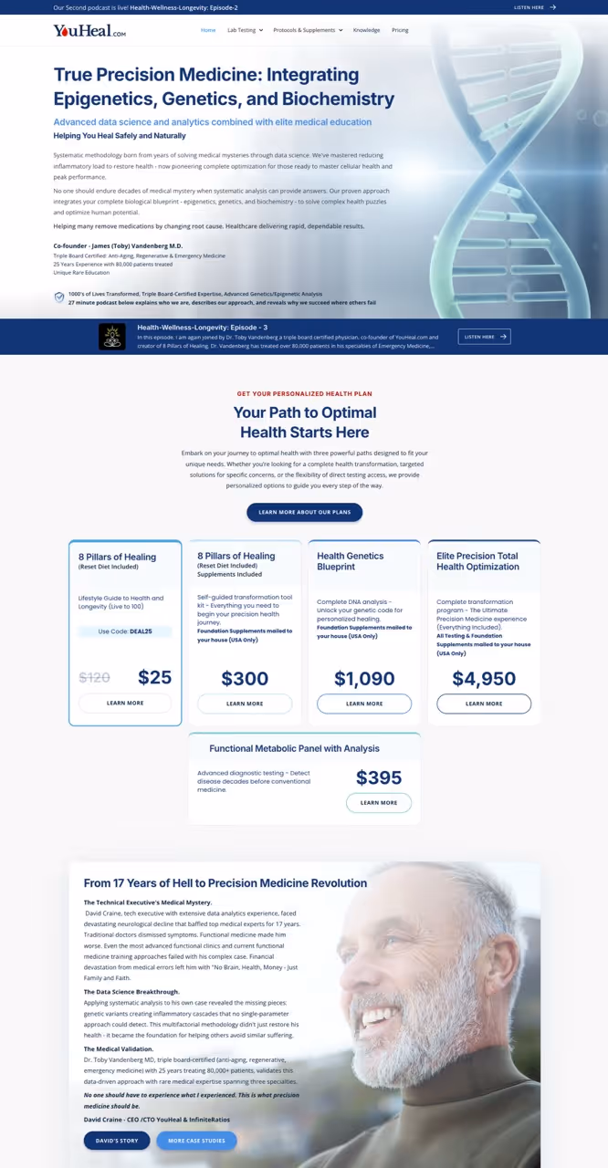 Webpage showcasing True Precision Medicine by YouHeal with detailed health plans, pricing, and a smiling older man with gray hair.