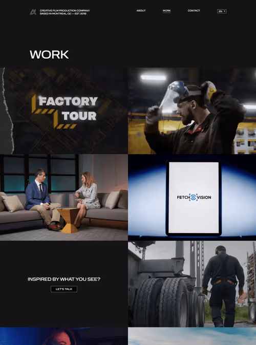 Website section titled WORK showing a grid with images including a Factory Tour logo, a man wearing a VR headset, two people in a business interview, a tablet displaying Fetch Vision logo, call to action text 'Inspired by what you see? Let's talk', and a worker walking beside large machinery tires.