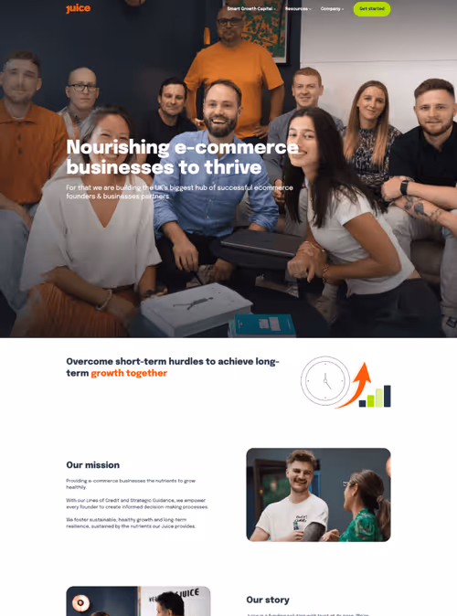 Group of nine diverse people smiling and posing indoors, with text overlay about nourishing e-commerce businesses to thrive on a website.