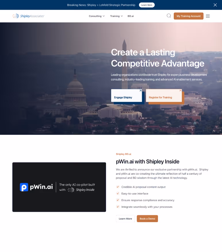 Website homepage showing Shipley Associates branding with a background image of the U.S. Capitol, offering consulting, training, and AI services with buttons to engage Shipley or register for training, and a section promoting pWin.ai partnership highlighting AI co-pilot features.