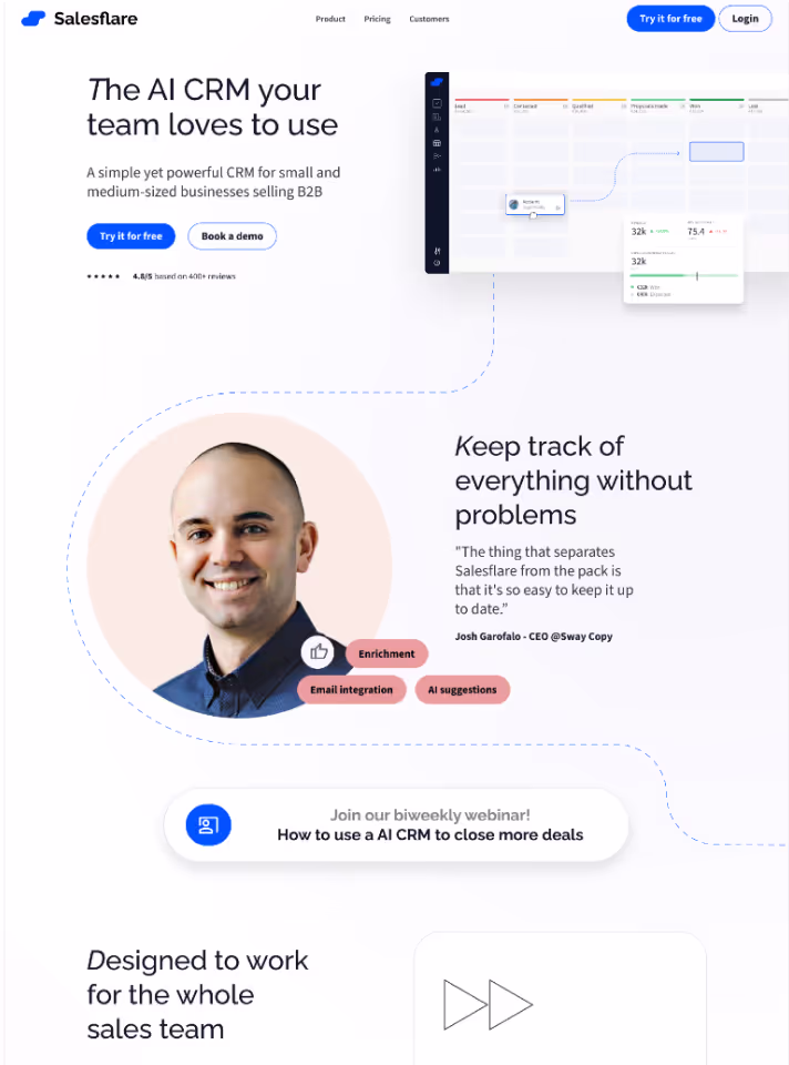 Salesflare AI CRM homepage showing product features, a smiling man photo with testimonial, navigation options, and a webinar invitation.