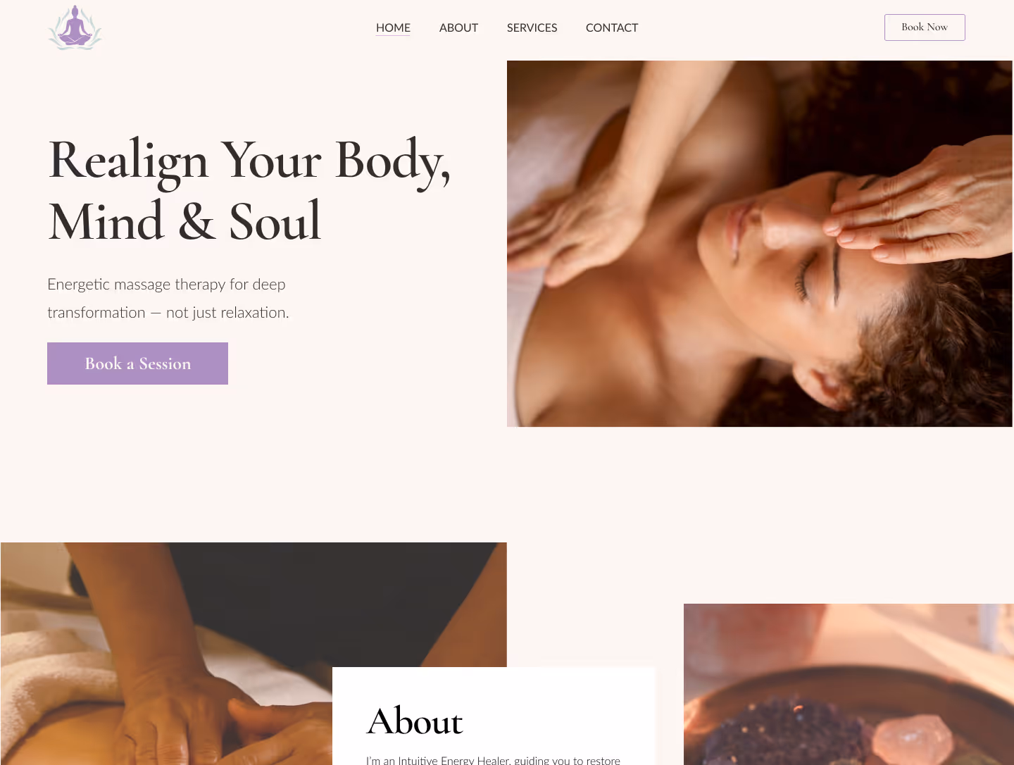 Woman receiving a forehead massage with closed eyes in a calming spa environment.