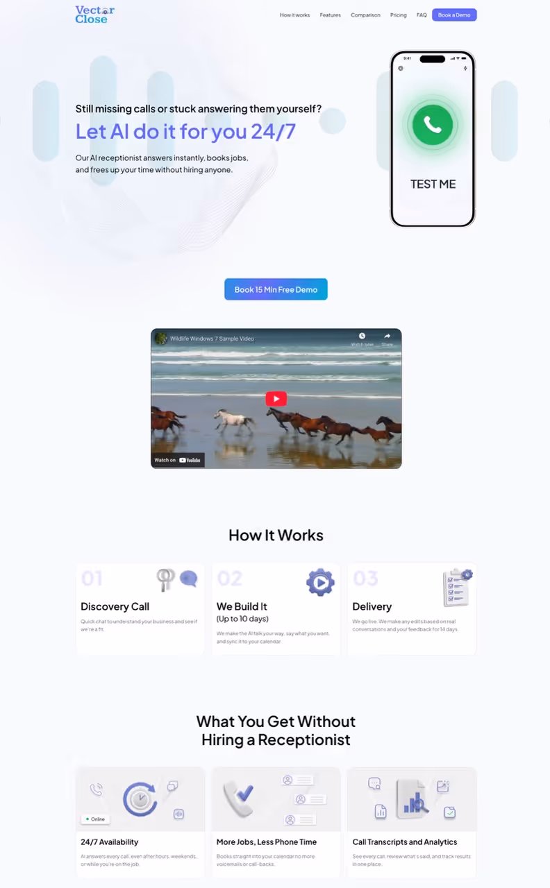 Landing page for Vector Close showing AI receptionist service with phone mockup, video clip of horses running on a beach, steps of service process, and benefits of hiring without a receptionist.
