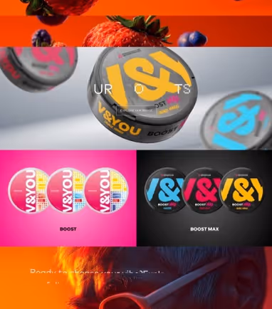 Collage showing VSYOU boost product cans in various colors with strawberries and blueberries in the background.