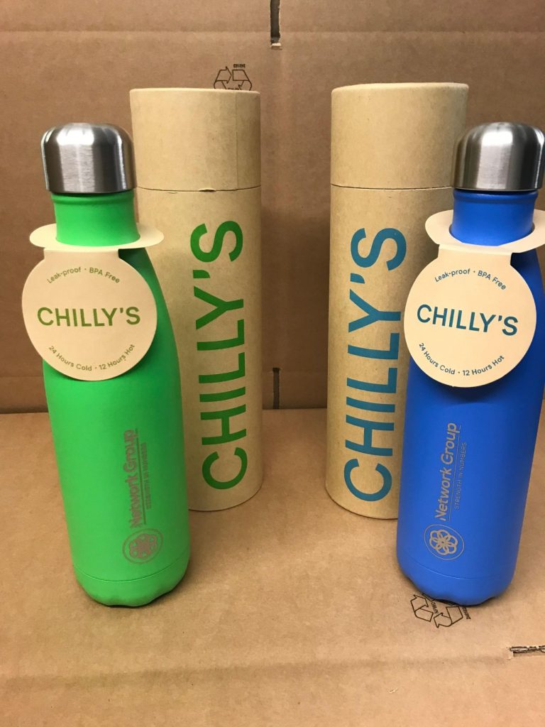 Network Group branded Chilly's bottles, blue and green options