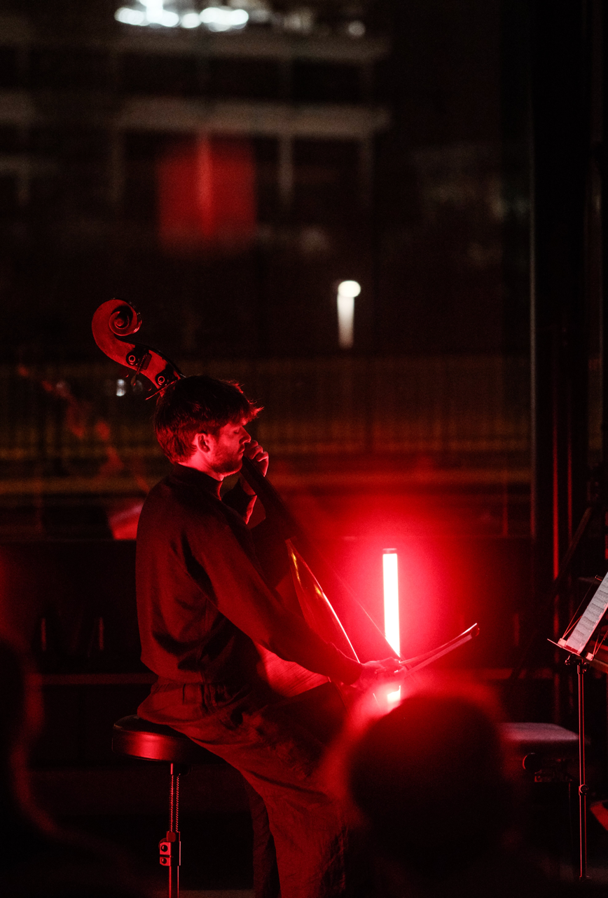Hans Greve plays double bass in concert. The stage is lit red.