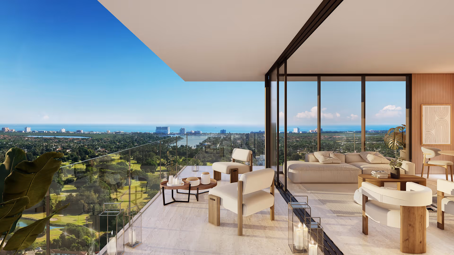 Outdoor balcony at Gaia residences with seating and views of the surrounding area