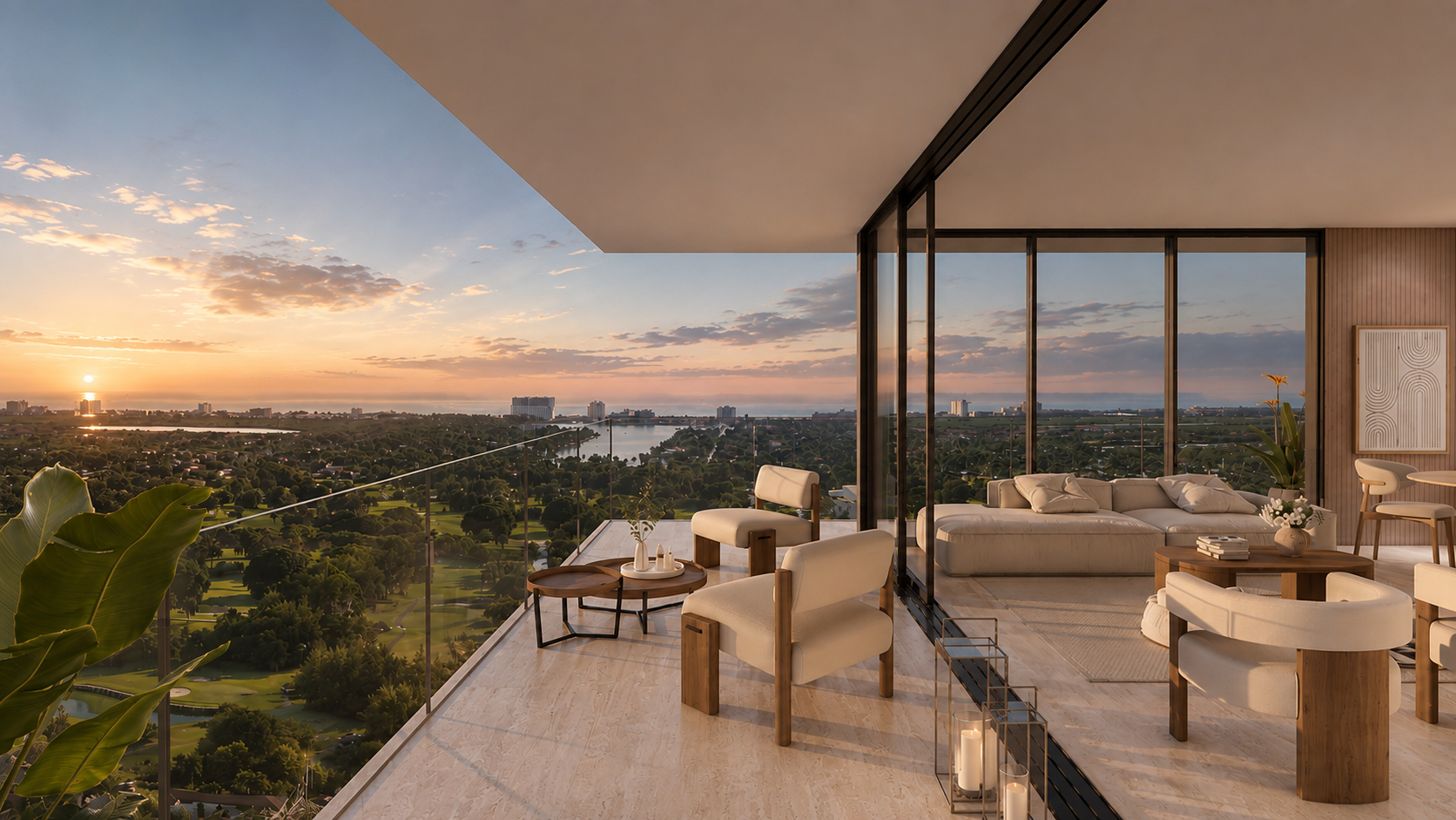 Outdoor balcony at Gaia residences with seating and views of the surrounding area