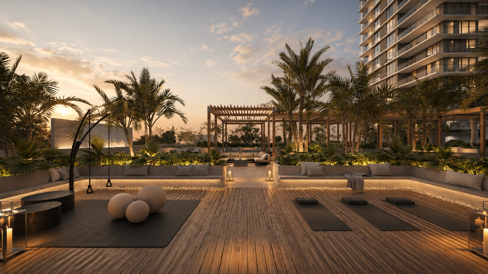 Outdoor fitness area at GAIA Residences Hollywood at sunrise