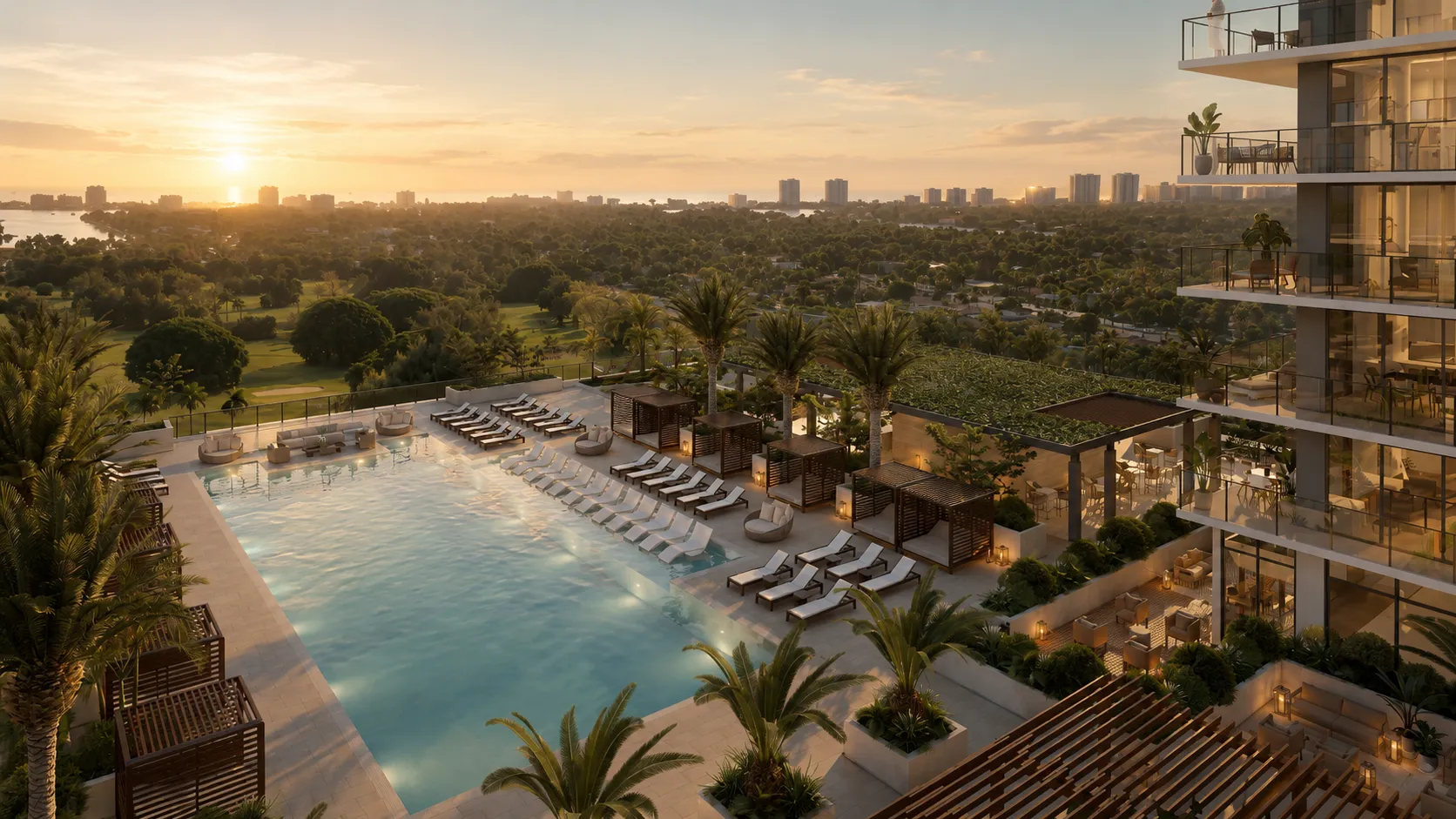Rooftop pool deck at GAIA Residences Hollywood at sunrise