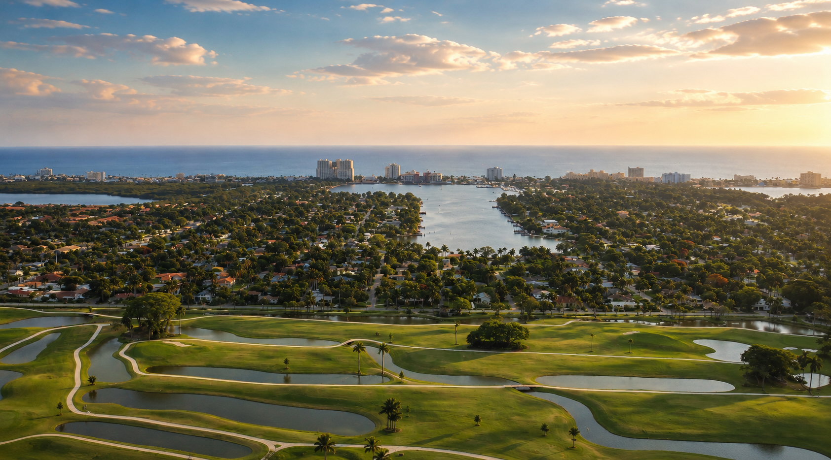 Drone view of Hollywood Beach Golf Club course and waterways near GAIA Residences