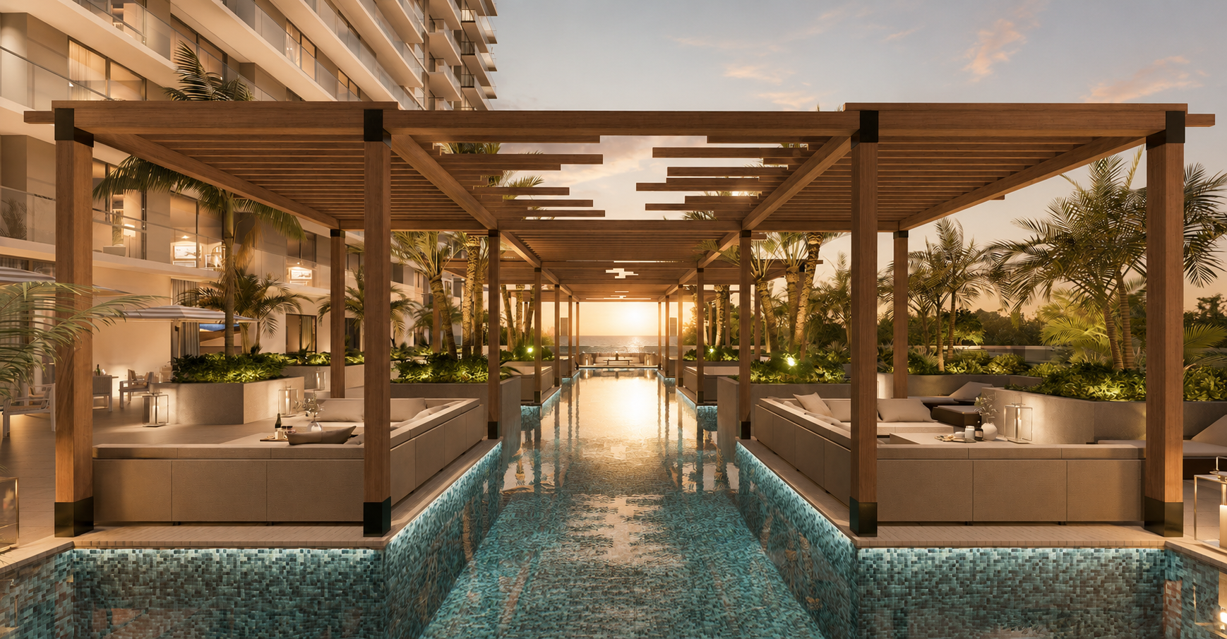 Water garden and outdoor terraces at GAIA Residences Hollywood at sunrise