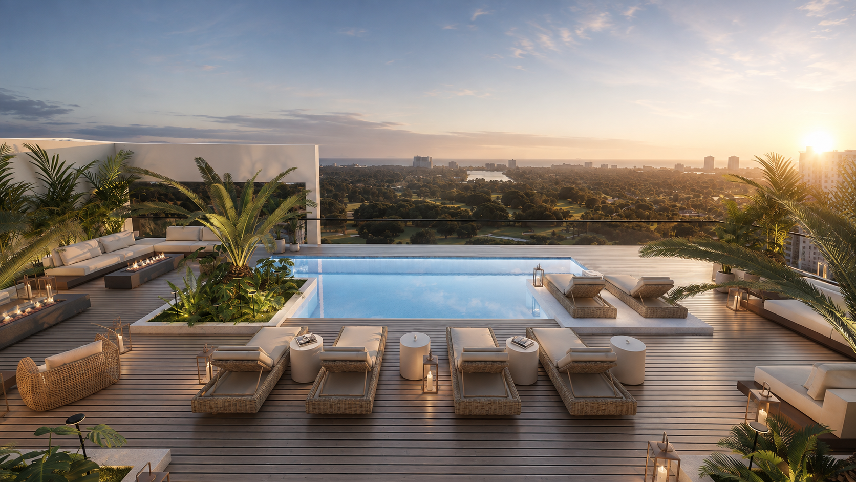 Constellation Sky Lounge rooftop pool at GAIA Residences Hollywood at sunrise