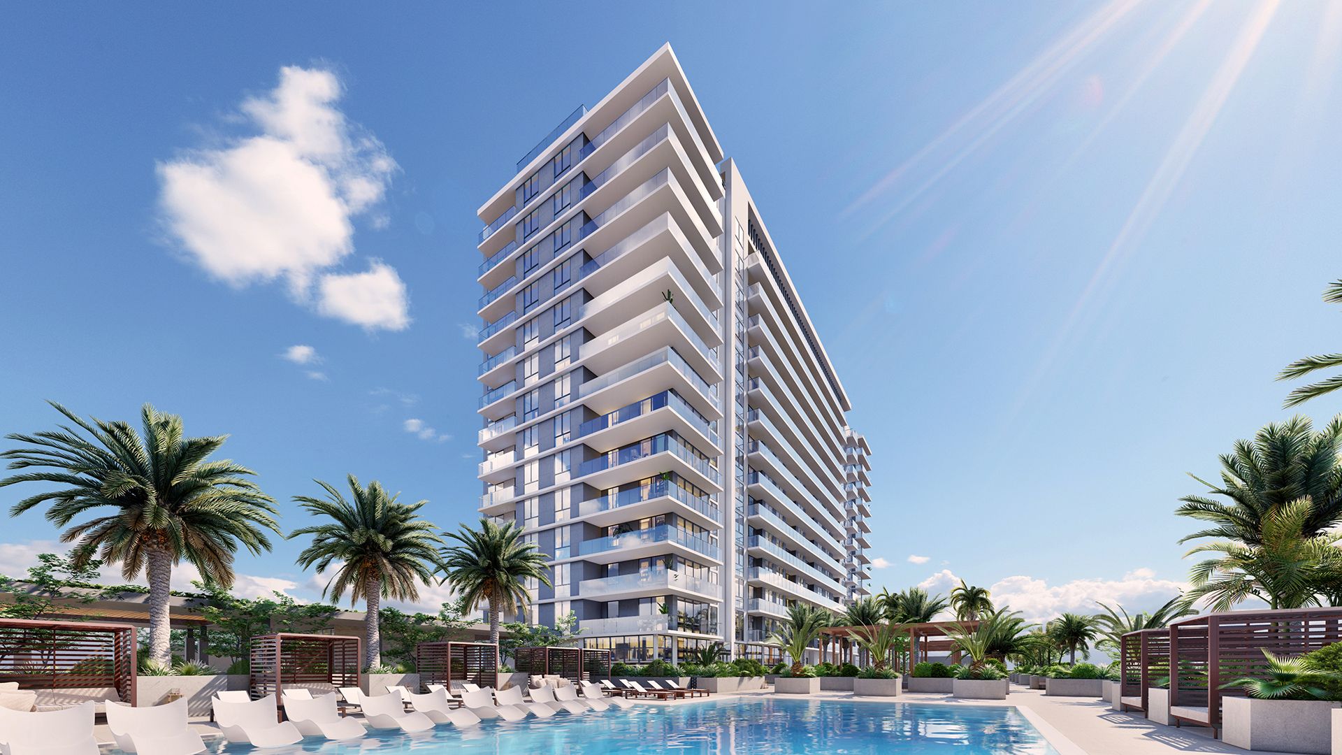 Poolside view of the Gaia Residences, a new luxury condominium in Hollywood, Florida with 238 residences.