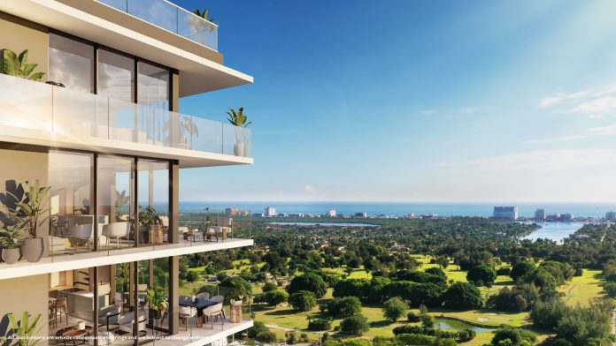 Birdseye view of a condo balcony at Gaia Residences in Hollywood, Florida, overlooking the golf course and Atlantic Ocean.