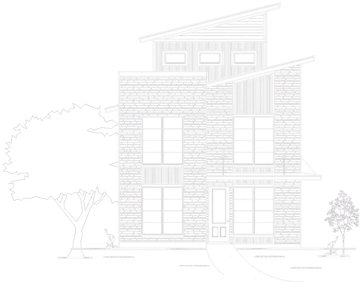 Black and white architectural sketch of a modern two-story house