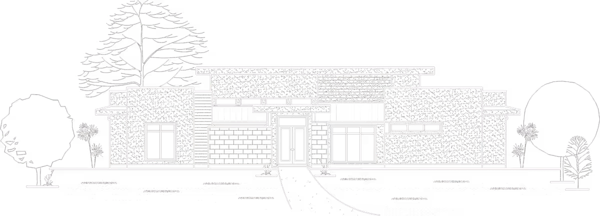 Architectural line drawing of a modern house with trees and landscaping