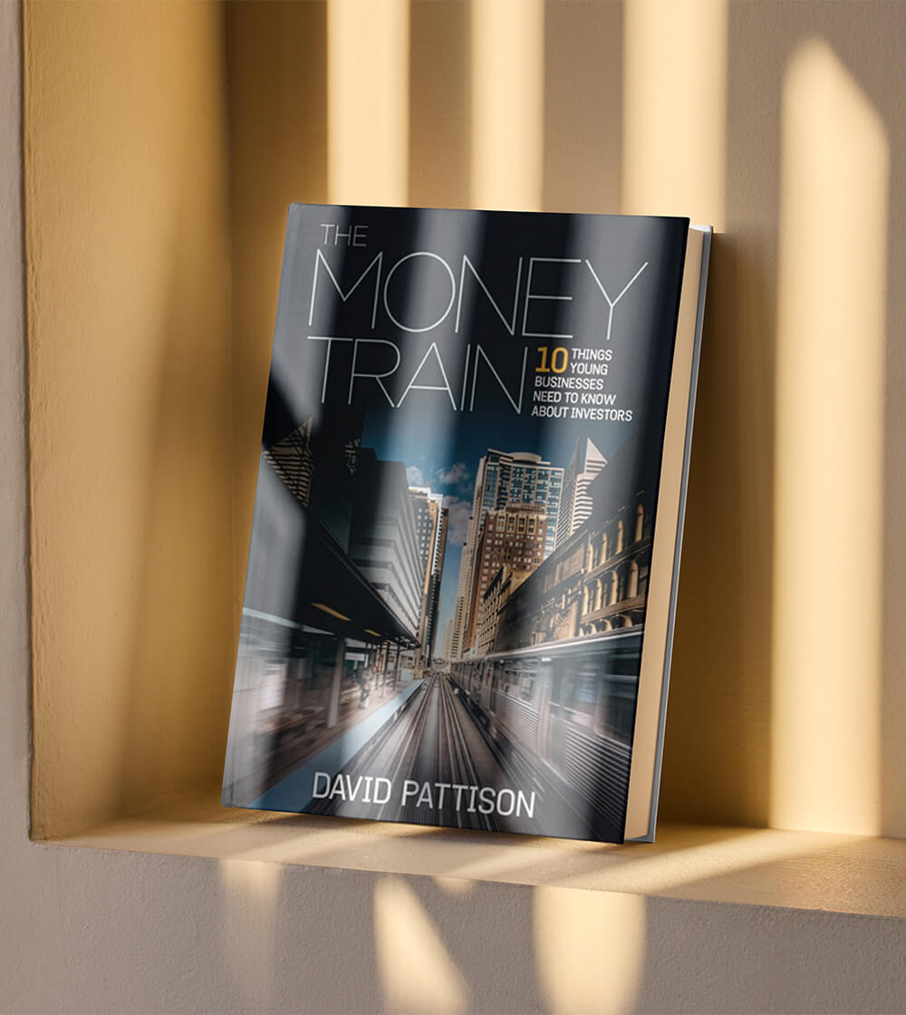 Book titled 'The Money Train' by David Pattison with a cityscape and train tracks on the cover, displayed on a beige ledge with shadows.