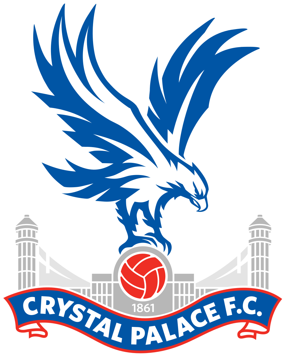 Crystal Palace F.C. logo featuring a blue and white eagle perched on a red football with a gray building and bridge in the background, and a blue banner with the text 'CRYSTAL PALACE F.C.' below.