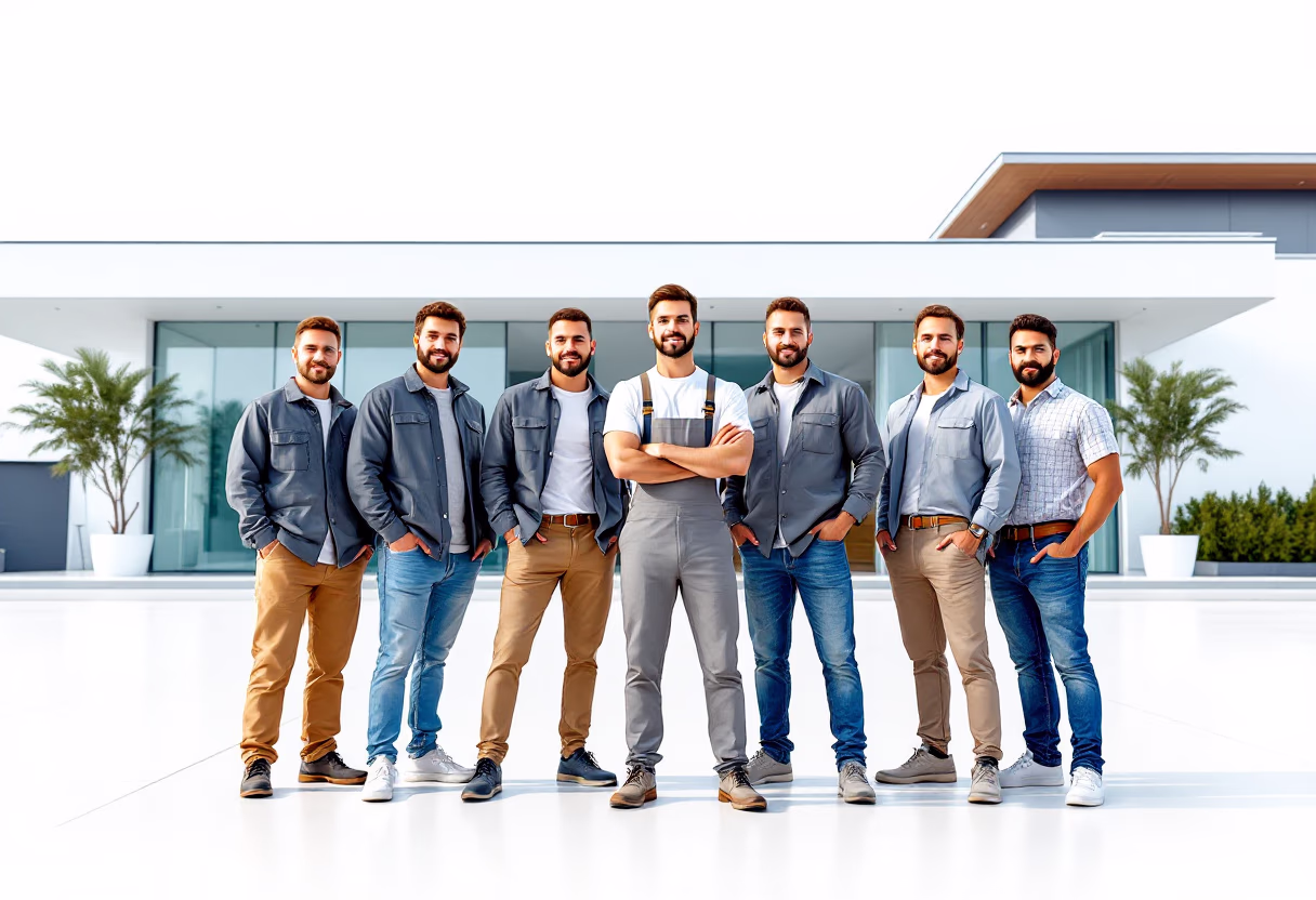 image of team in front of company building (for a roofing contractor)