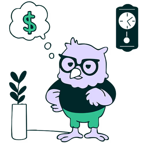 Cartoon owl thinking about money.