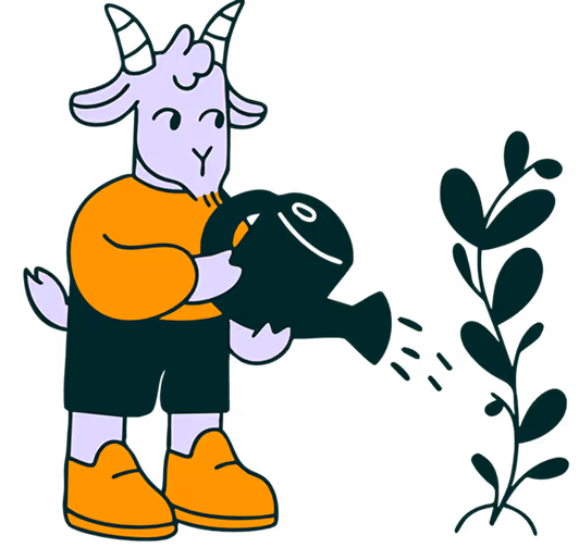 Cartoon goat wearing an orange sweater and yellow boots watering a plant with a green watering can.