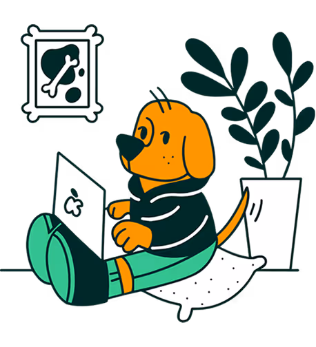 Illustration of an orange dog sitting on a pillow using a laptop, with a potted plant and framed picture of a bone on the wall.