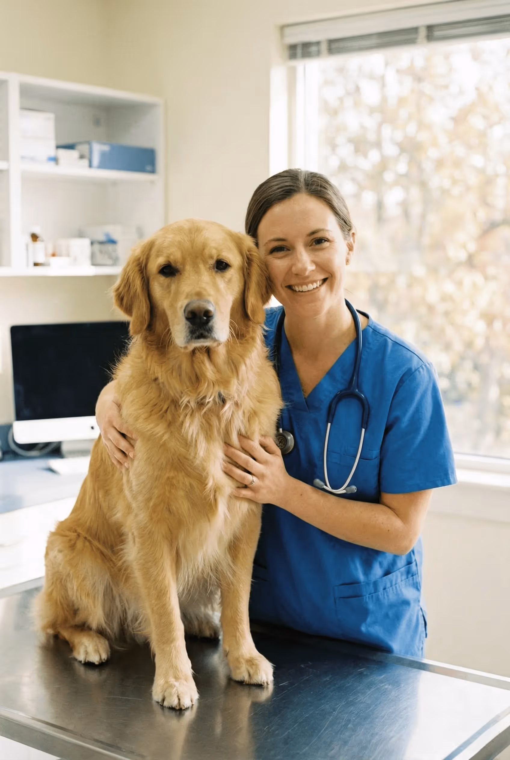 Female veterinarian in blue scrubs with stethoscope hugging a golden retriever on an exam table in a vet clinic.