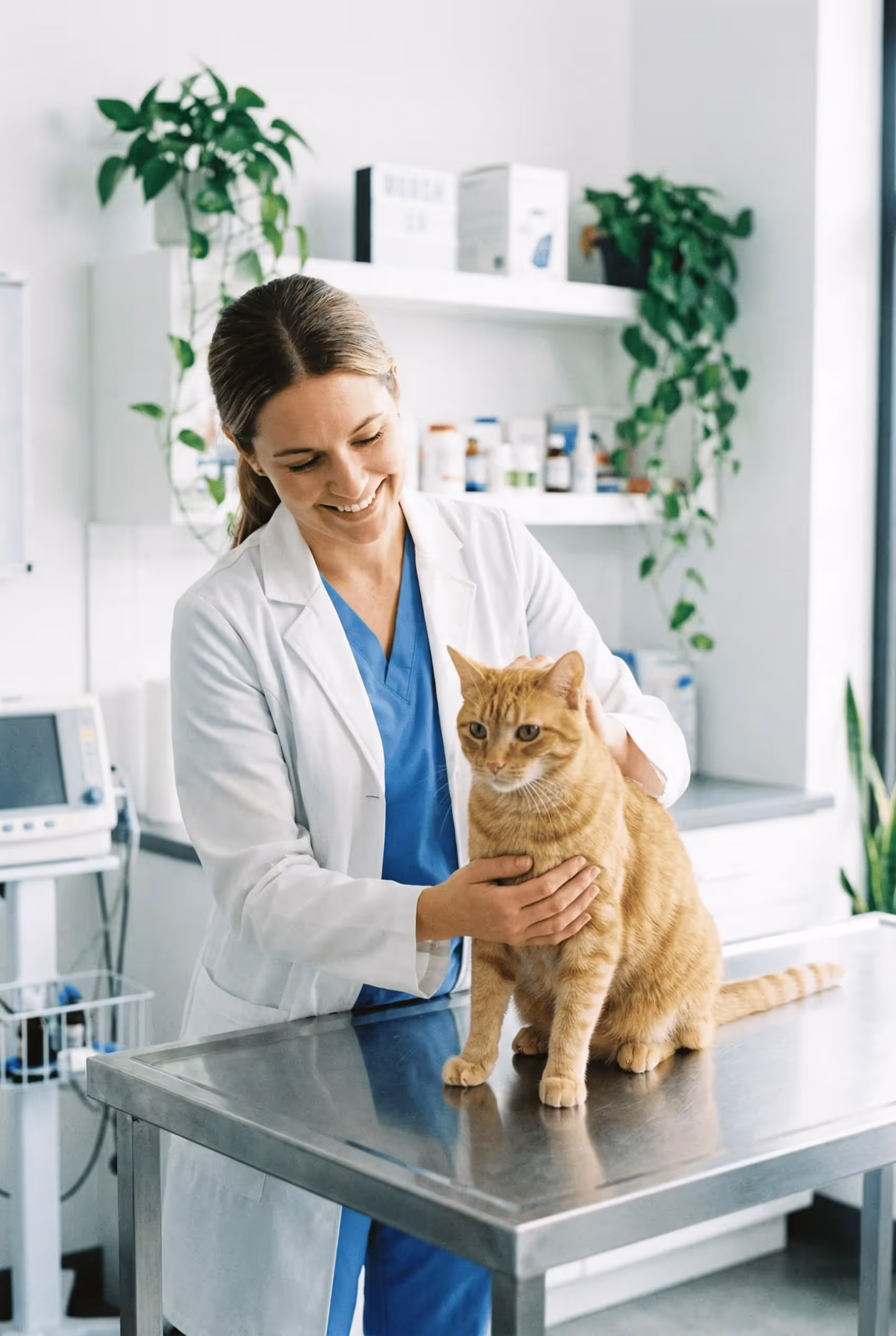 Veterinarian in white coat smiling while examining an orange tabby cat on a metal exam table.