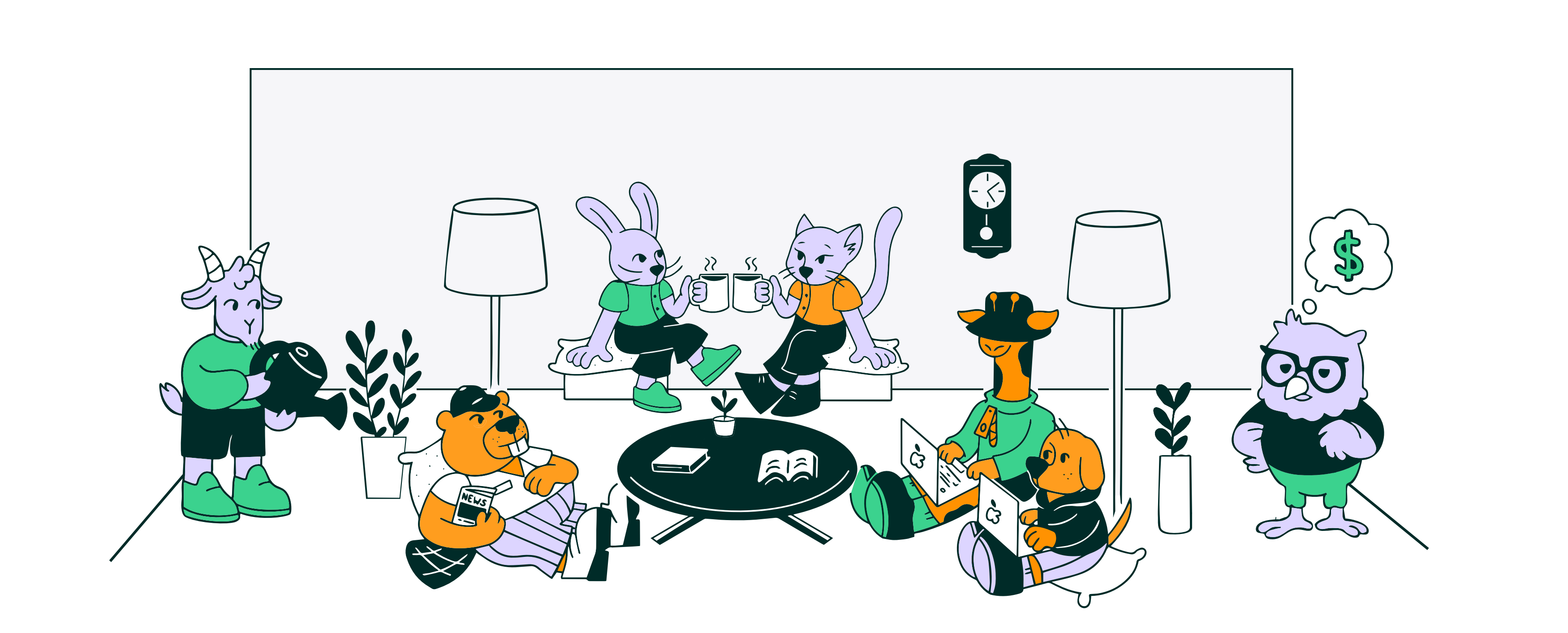 PracticeDen animal characters gathered together in a lounge