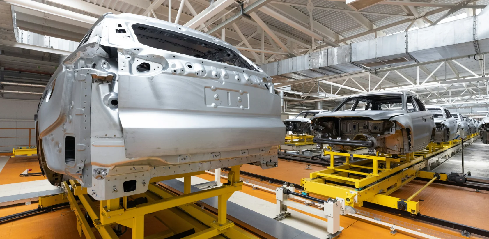 Car bodies on an automotive assembly line