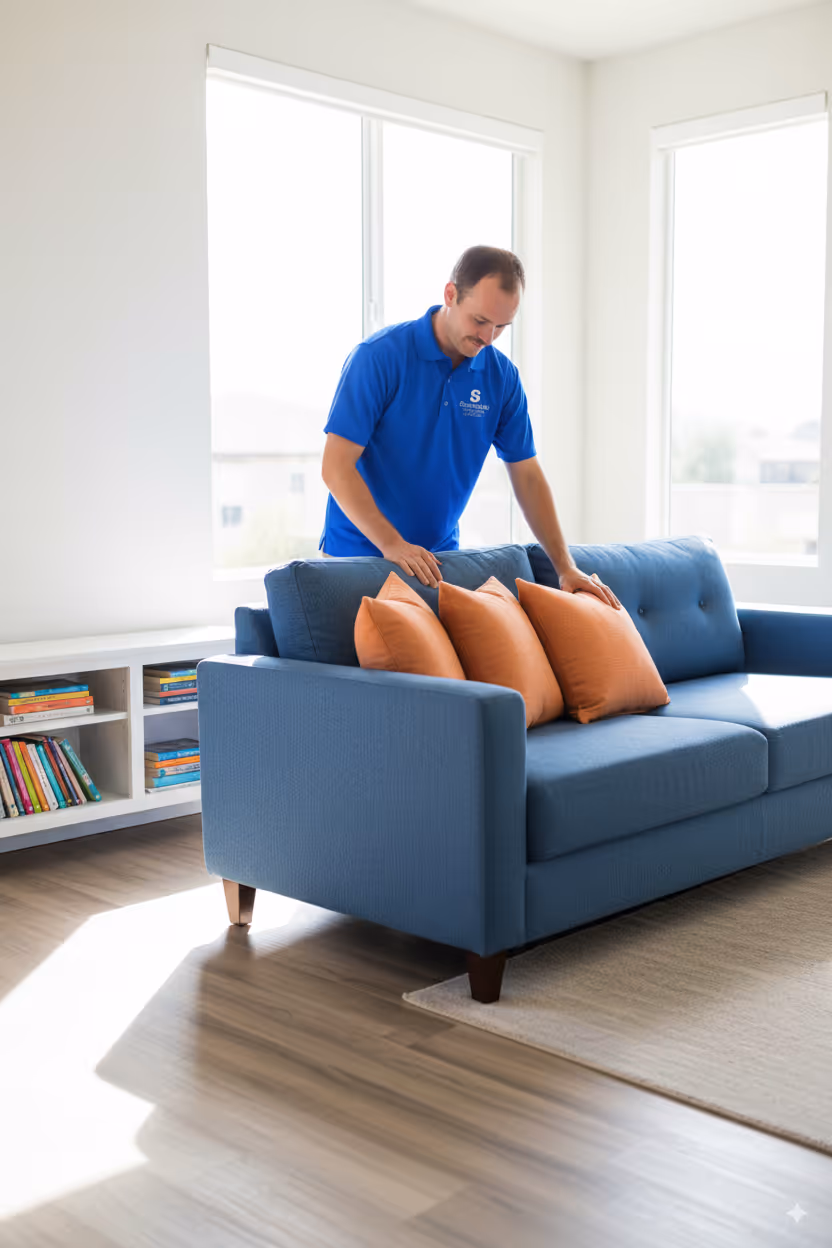 Man fixing pillows on sofa