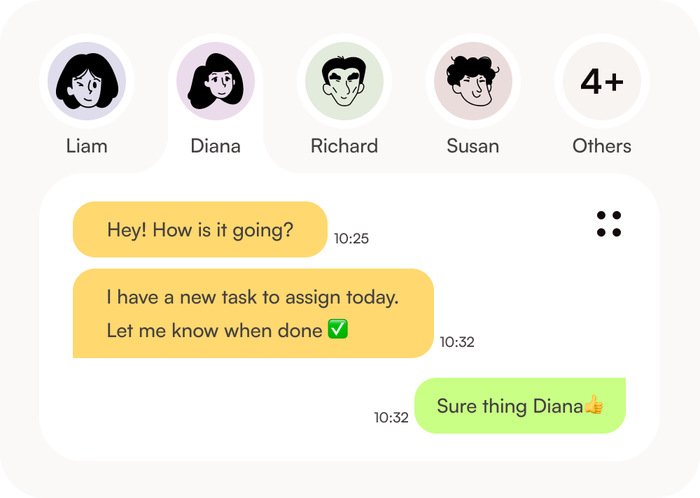 Chat interface showing messages from Diana asking about a task assignment and Richard confirming with a thumbs-up emoji.