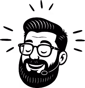 Black and white illustration of a smiling man with glasses, a beard, and a headset microphone, surrounded by radiating lines.