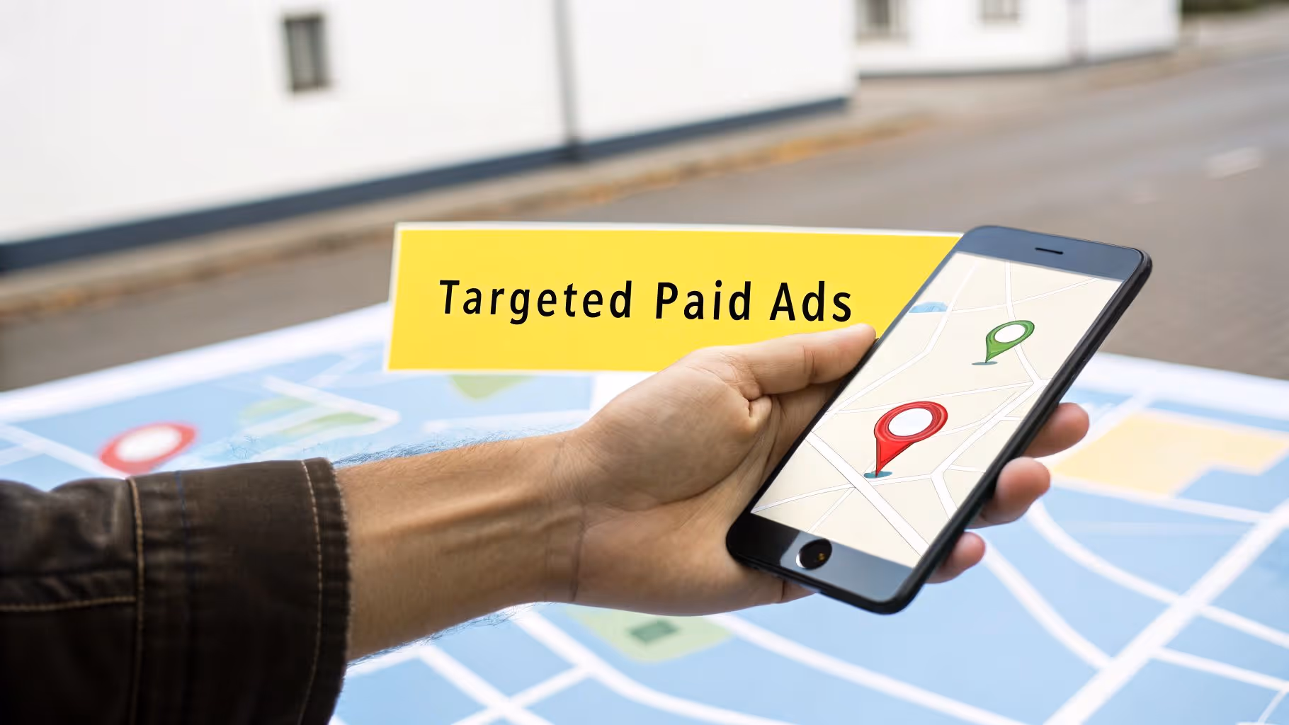 Hand holding a smartphone displaying a map with location pins, in front of a 'Targeted Paid Ads' banner and a larger map.