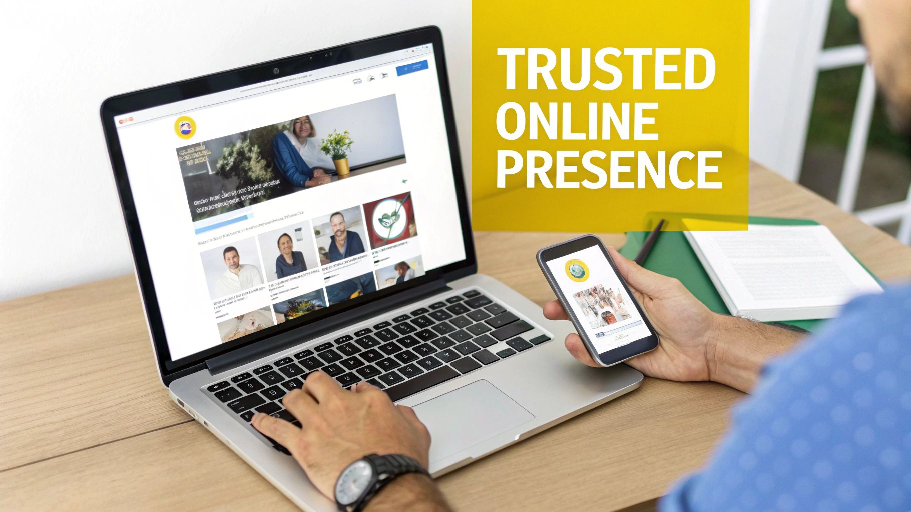 A person is using a laptop and smartphone to browse online content, emphasizing a trusted online presence.
