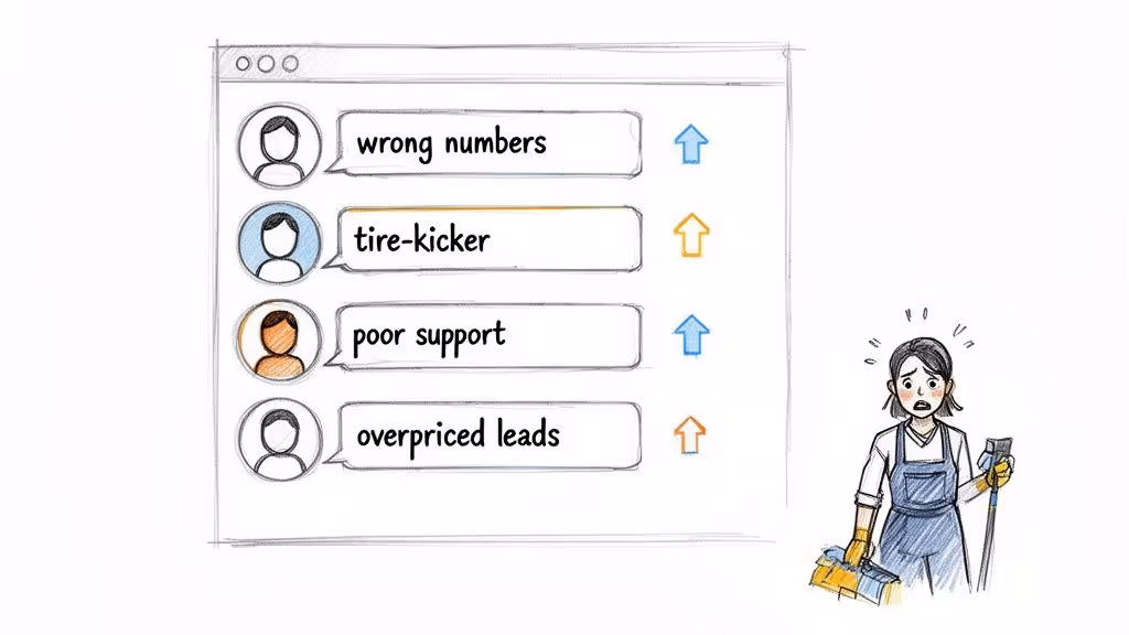 An overwhelmed cleaner looks at a screen displaying negative customer feedback about bad leads and poor support.