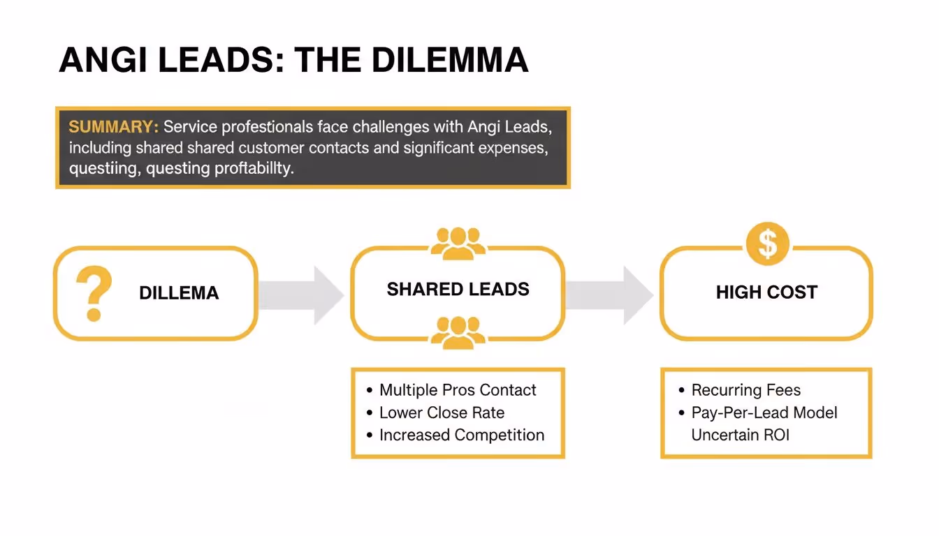 Infographic detailing the Angi Leads dilemma, showing challenges like shared leads and high costs for service professionals.