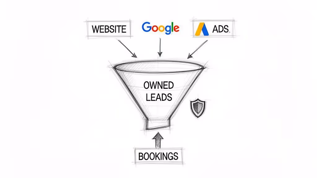 Diagram illustrating website, Google, and ads as sources feeding into a funnel for owned leads, resulting in bookings.