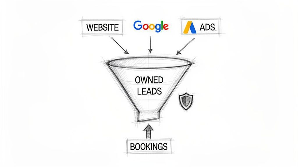 Diagram illustrating website, Google, and ads as sources feeding into a funnel for owned leads, resulting in bookings.
