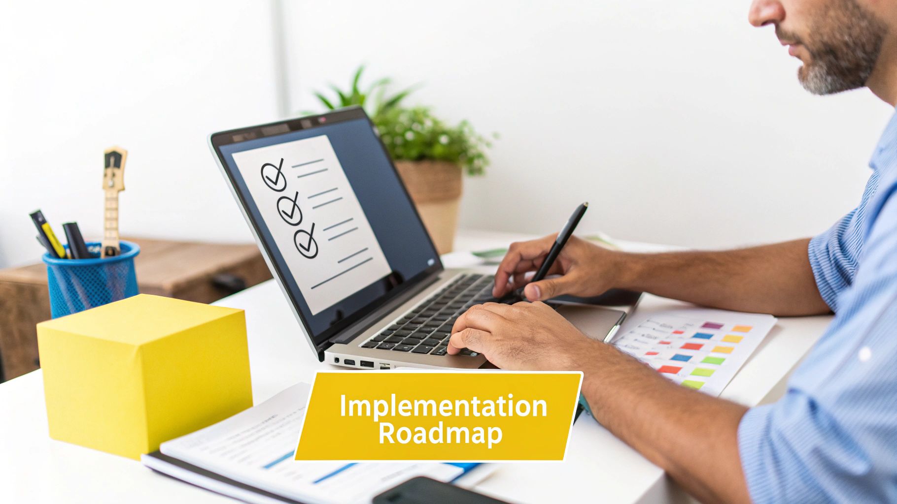 A person works on a laptop showing a checklist, with "Implementation Roadmap" banner.