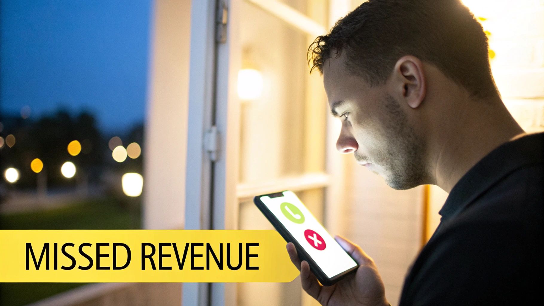 Man holding phone with call options, yellow 'MISSED REVENUE' banner highlights lost opportunities.