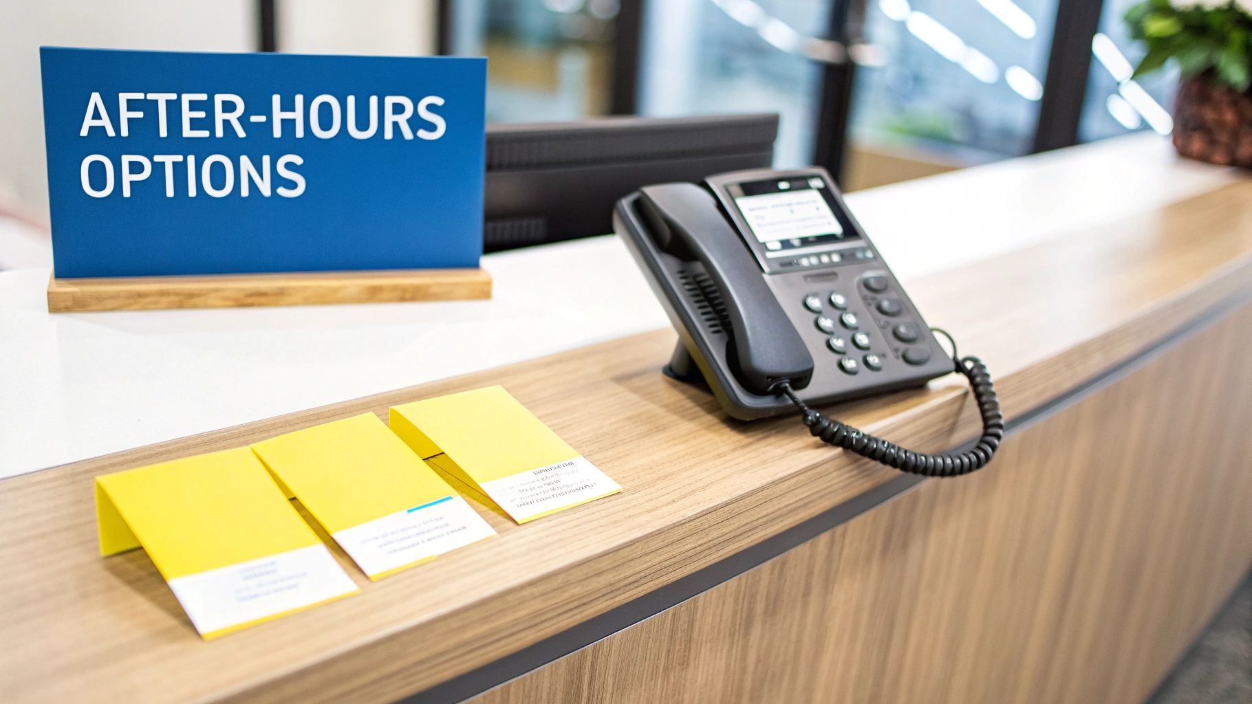 A reception desk with an 'AFTER-HOURS OPTIONS' sign, a black phone, and yellow information cards.