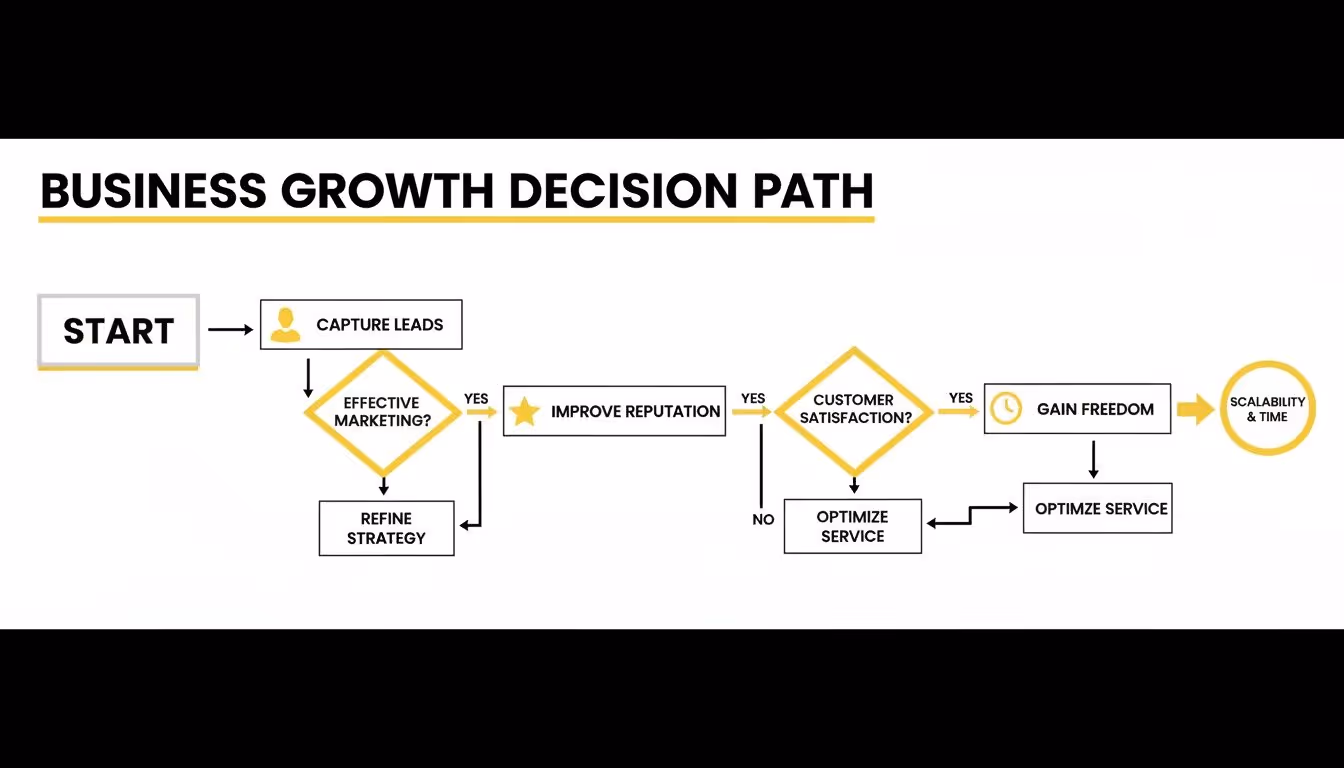 Flowchart detailing a business growth decision path from lead capture to scalability and time.